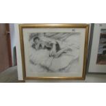 A goauche and charcoal reclining nude by Lewis Davis (1939-2010) initialled L D