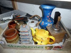 Box of misc. items including Japanese vase, Disney teapot etc.