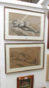 A pair of studio stamped 1950's coloured graphite drawings of reclining nudes by John Hall