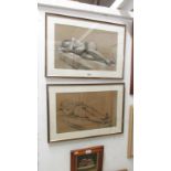 A pair of studio stamped 1950's coloured graphite drawings of reclining nudes by John Hall