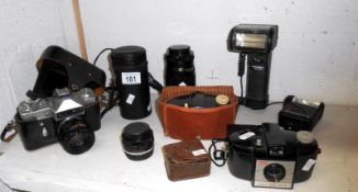 Zenith Sir camera, 2 brownies, lenses, flash gun etc.