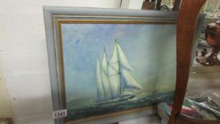 An oil on board by Molly Lodge of the sail training ship 'Sir Winston Churchill' in Bermuda 1976