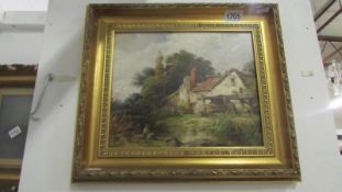 An oil on board rural scene featuring water mill and river initialled JRT (Nottingham artist John