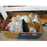 Box of vintage small plastic dolls and collectors porcelain dolls