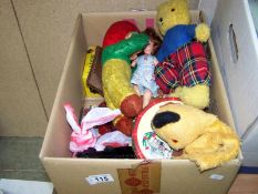 A box of vintage toys and dolls inc. Sooty, Sindy, Batman etc.