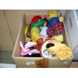 A box of vintage toys and dolls inc. Sooty, Sindy, Batman etc.