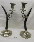 A pair of Victorian silver plate and horn candlesticks