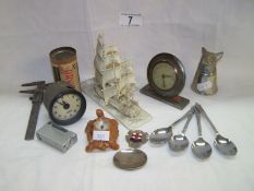 Mixed lot inc. clocks, tea spoons, plastic model sailing ship etc.