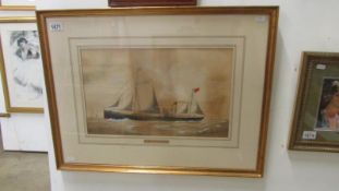 A framed and glazed watercolour of the cargo ship SS Flamingo (built in 1899 and sunk during WW1 in