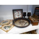 Small oak monks bench, butterfly wing tray, fireplace tiles etc.