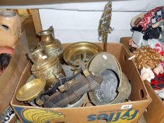 A box of brassware including vases,