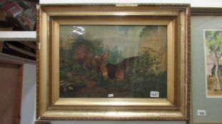 A Victorian framed and glazed oil on canvas 'Rutting Stags' signed Maggie J Thomas,