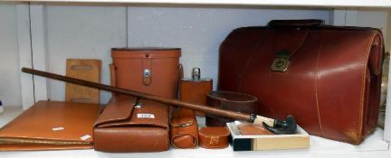 Collection of gentlemens leather goods inc. briefcase, hip flasks, binoculars, wash set etc.