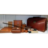 Collection of gentlemens leather goods inc. briefcase, hip flasks, binoculars, wash set etc.