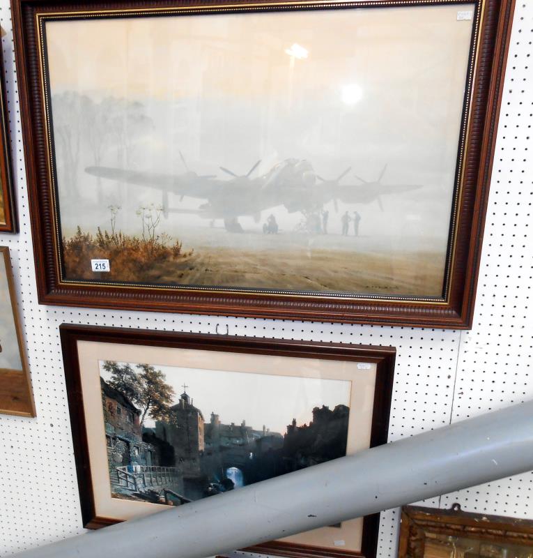 Print of Lancaster bomber aeroplane at dawn after Coulson and print of Lincoln High Bridge Glory