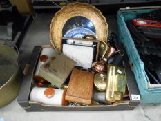 Box of misc brass inkstands, brush tray, inlaid music box, cutlery, stoneware water bottles etc.