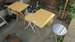 2 folding tables and 2 stools