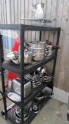 4 shelves of stainless steel kitchen ware etc