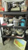 3 shelves of stainless steel cook ware etc
