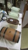 3 enamel canisters and a barrel
