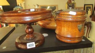 A wooden bowl, wooden comport and wooden biscuit barrel