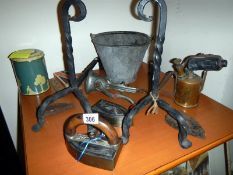 A pair of Victorian fire dogs & Victorian flat irons etc.