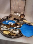 A silver plate tray and contents