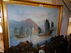 An oil on board of Chinese junks