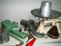 An old set of scales with weights & 2 mincers