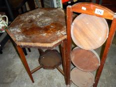 An antique inlaid table & 3 tier cake stand A/F