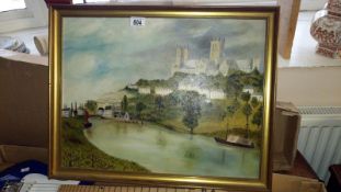 A oil on board of Lincoln Cathedral from Brayford