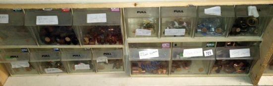 4 sets of drawers of plumbing items, soldered joints etc (14 drawers)