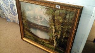 An oil on canvas wooded lake scene