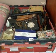 A good box of sundries including copper, brassware, silver plater, Victorian candlesticks etc