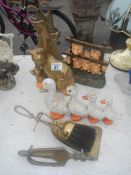 A quantity of brass items including Mother Cat and Kitten, vintage ladies boot etc