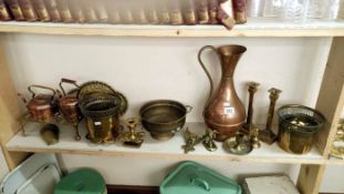 A quantity of copperware including candlestick