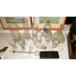 16 pieces of early 20th century chemists glassware with an ivory cut throat razor