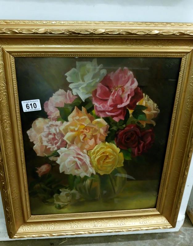 A still life of flowers on board signed Catherine Dearne