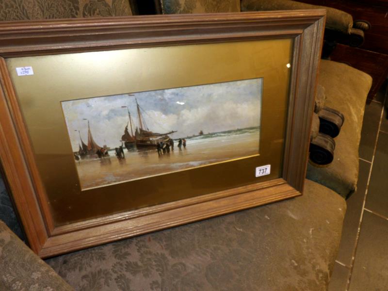 A circa 1850 oil on board/panel coastal scene with ships on beach by H.