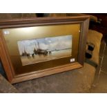 A circa 1850 oil on board/panel coastal scene with ships on beach by H.