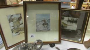 3 watercolours by R Massey of various birds