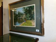 A watercolour canal fishing scene, possible in Norfolk,