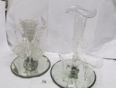 2 Victorian mirror base glass epergnes,