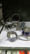 4 items of silver plate with blue glass liners