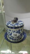 A Victorian blue and white lidded pot,