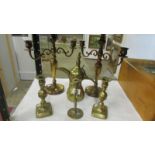 A mixed lot of brassware comprising 2 pairs of candlesticks,