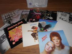 A box of approximately 90 progressive rock LP records including Led Zeppelin, Budgie, Jimi Hendrix,