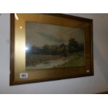 A framed & glazed water colour of sheep grazing