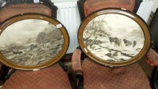 2 antique oval framed Highland cattle pictures