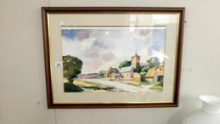 A watercolour of a church signed by Olive Free